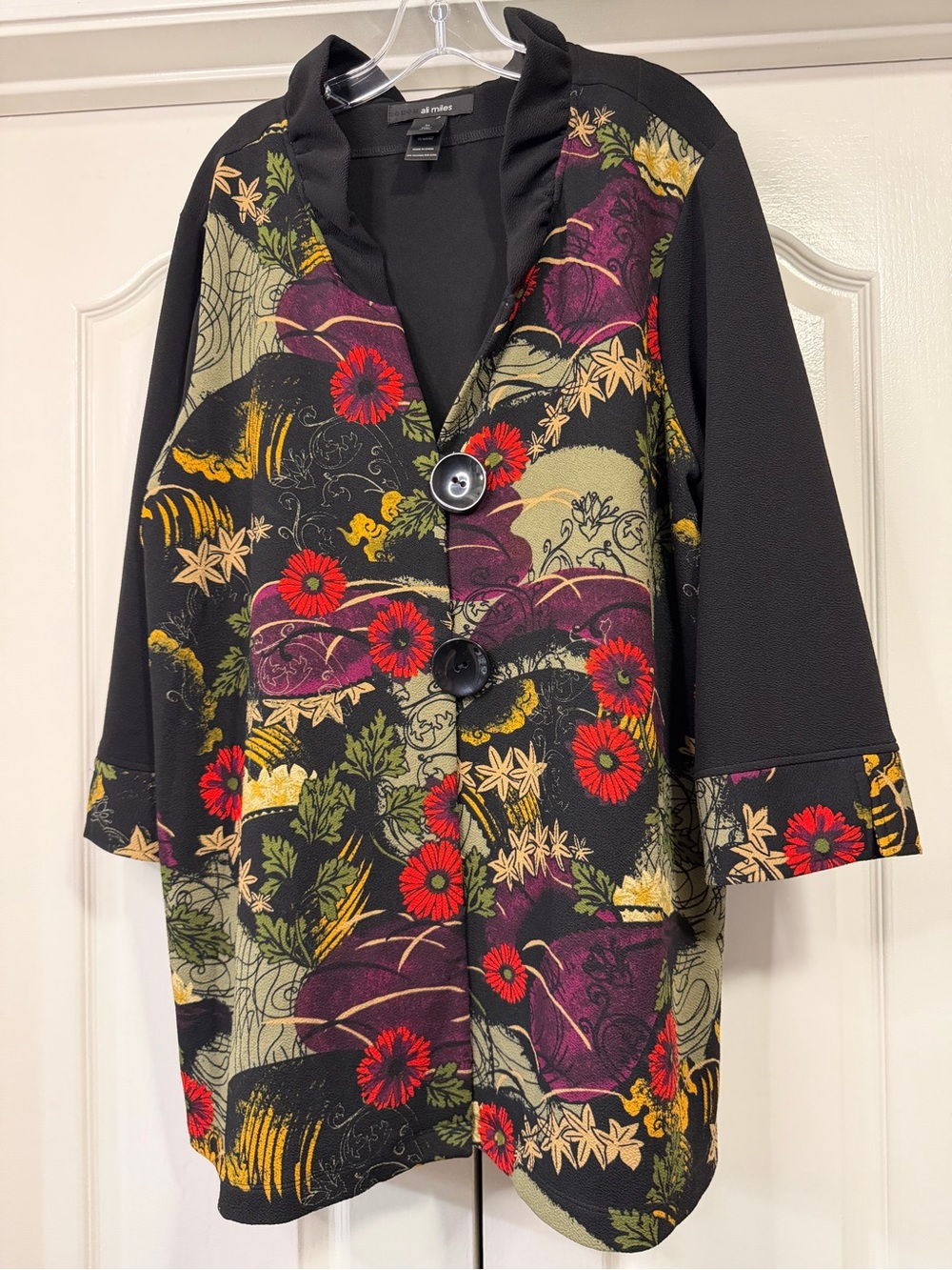 Ali Miles XL Floral Colorblock Swing Top Jacket 3/4 Sleeve Button Front Boho